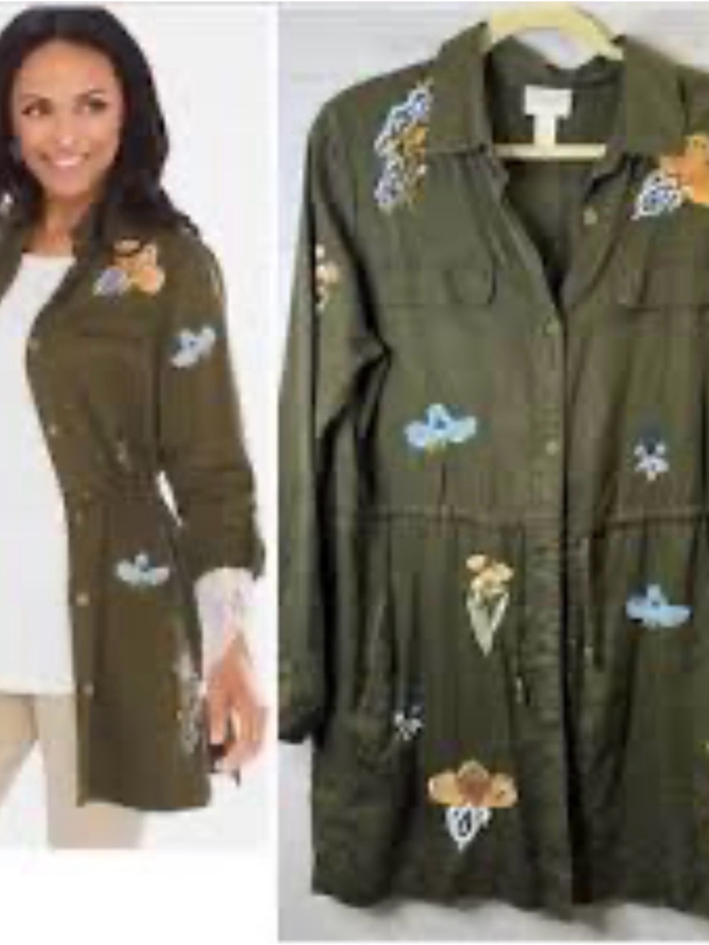 Chico’s Embroidered Olive Utility Jacket - Women's Coat